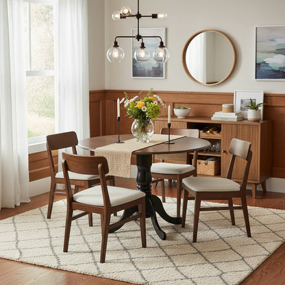Round Table, Two Drop Leaves, Walnut & Black Finish, Solid Wood, 42-Inch