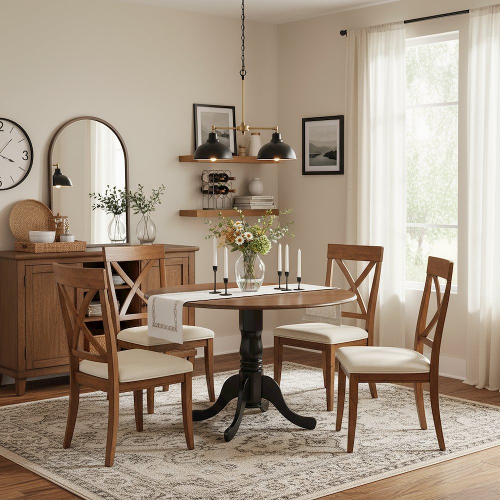 Round Table, Two Drop Leaves, Walnut & Black Finish, Solid Wood, 42-Inch