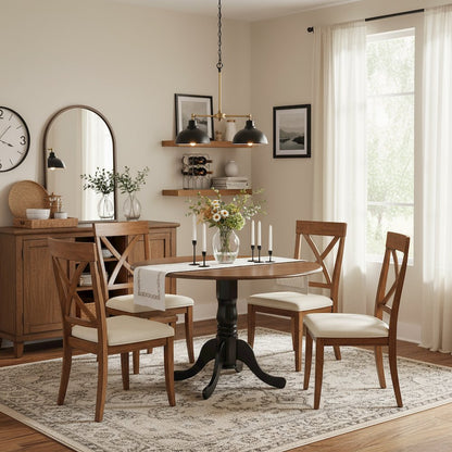Round Table, Two Drop Leaves, Walnut & Black Finish, Solid Wood, 42-Inch