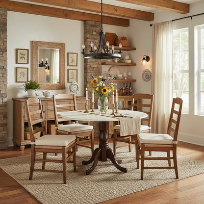 Round Dining Table, Drop Leaves, Linen White & Mahogany, Pedestal Base