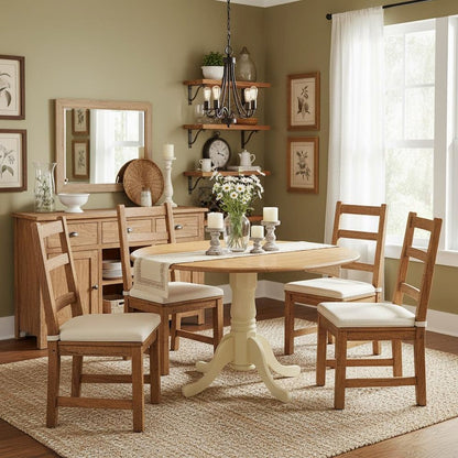 Round Dining Table, Drop Leaves, Oak & Buttermilk, Pedestal Base, Solid Wood