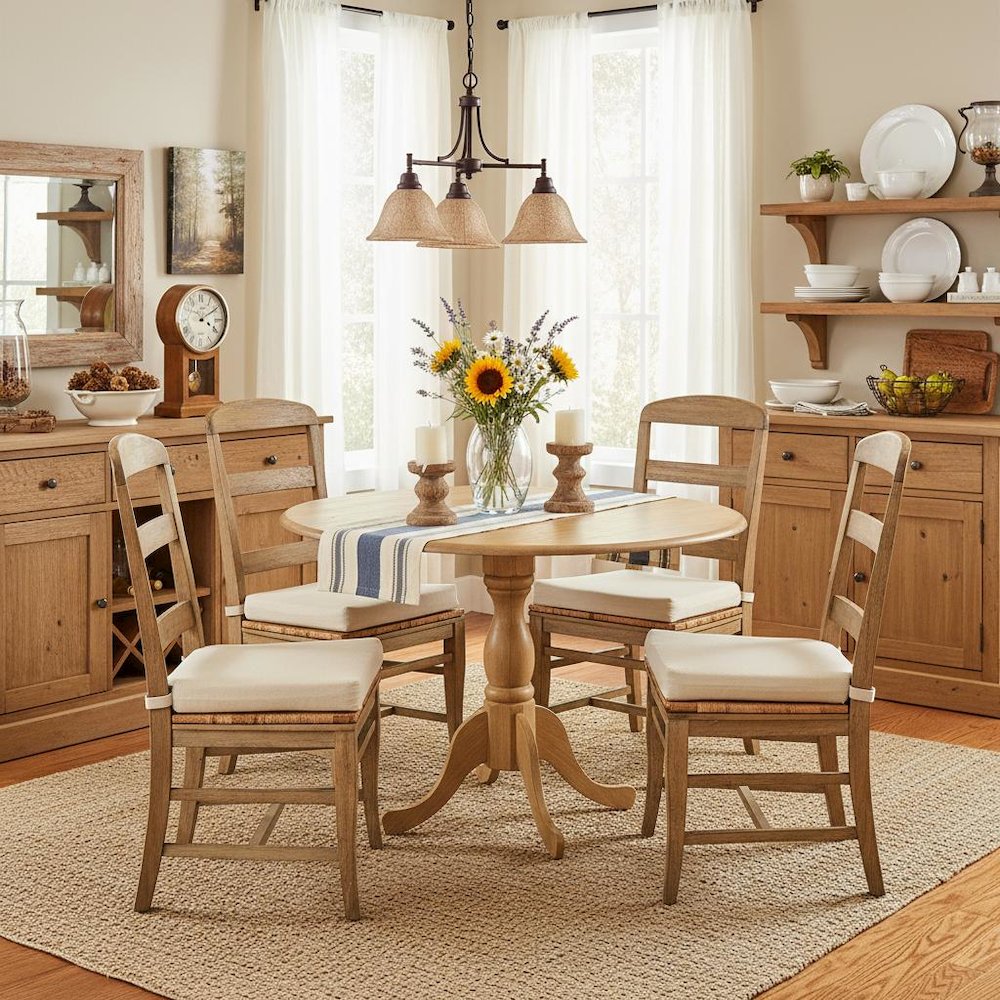 Round Dining Table, Drop Leaves, Oak Finish, Pedestal Base, 42-Inch