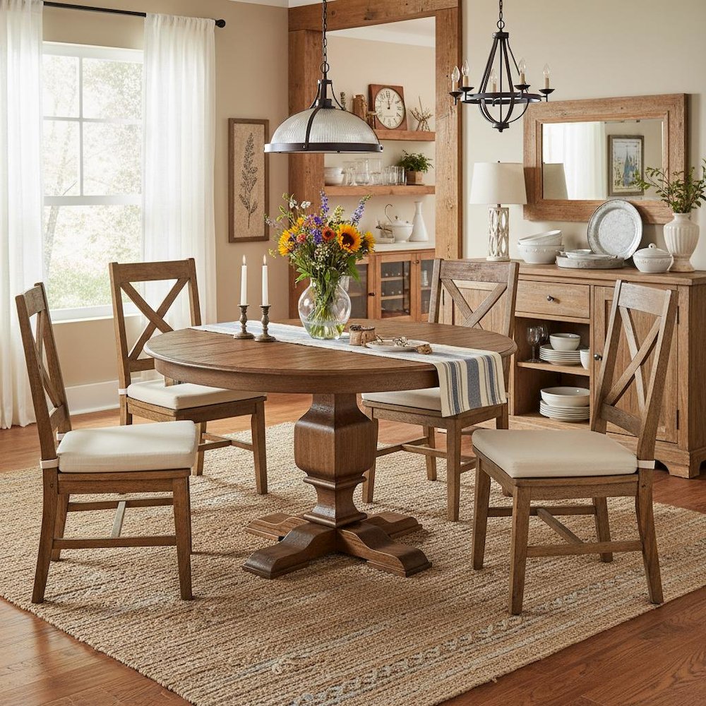 Rustic Round Dining Table, Antique Walnut Finish, Wood, 48 Inch