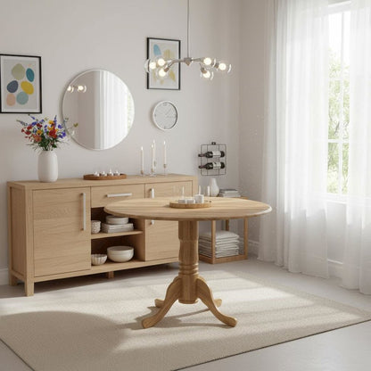 Round Kitchen Table, Drop Leaves, Natural Wood Texture, Pedestal Base