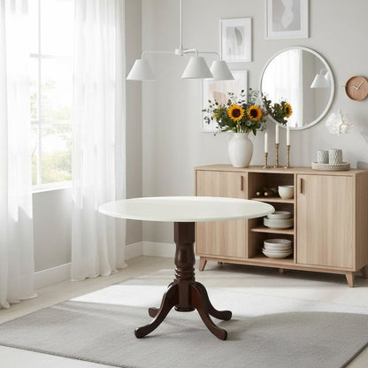 Round Dining Table, Drop Leaves, Linen White & Mahogany, Pedestal Base