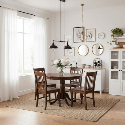 Mahogany Dining Set, Round Pedestal Table, Wooden Seat Chairs, 4-Person