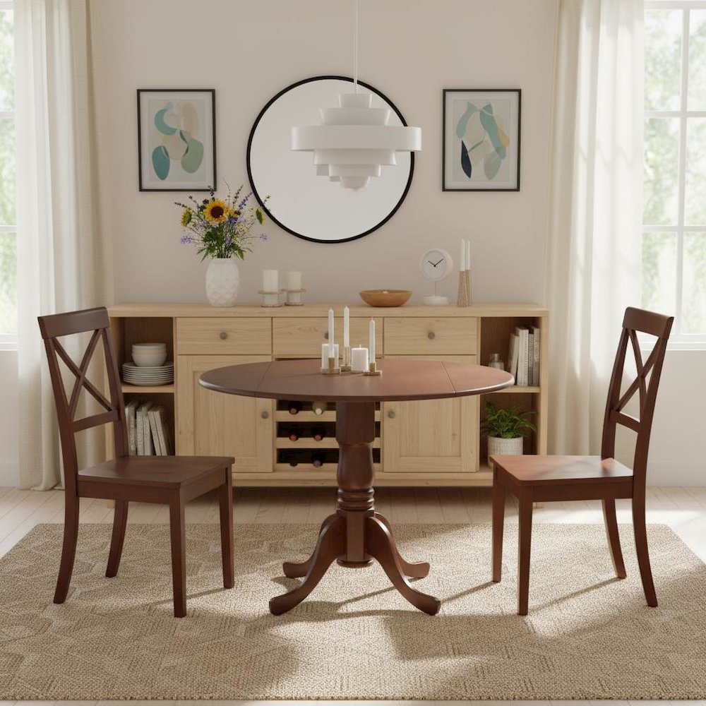 Mahogany Dining Set, Round Drop Leaf Table, X-Back Chairs, 2-Person, Rubberwood