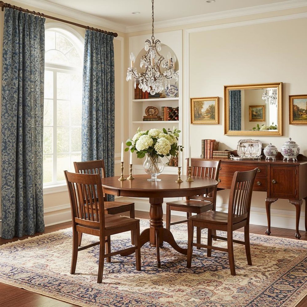 Mahogany Dining Set, Round Pedestal Table, Wooden Seat Chairs, 4-Person