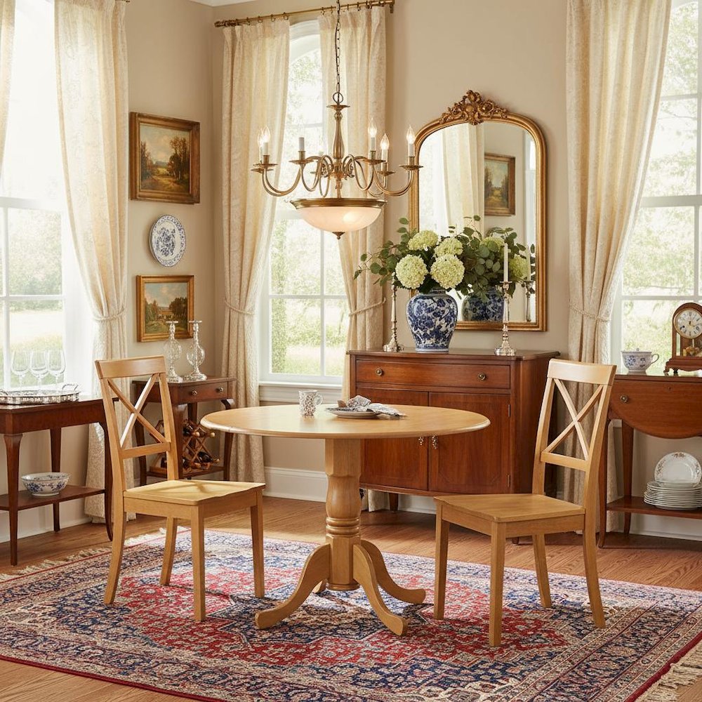 Oak Dining Set, Round Drop Leaf Table, X-Back Chairs, 2-Person, Rubber Wood