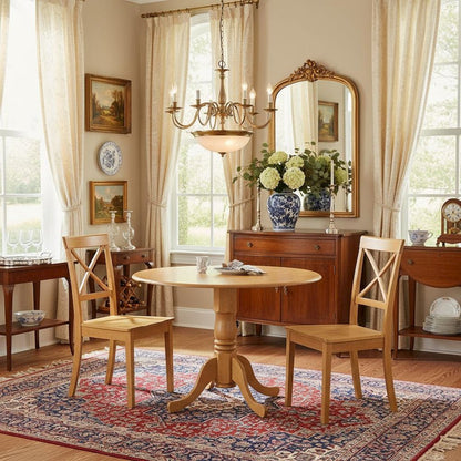 Oak Dining Set, Round Drop Leaf Table, X-Back Chairs, 2-Person, Rubber Wood