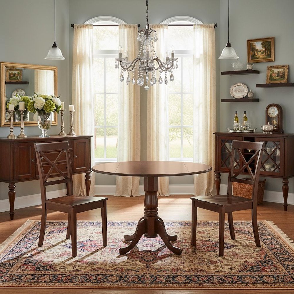 Mahogany Dining Set, Round Drop Leaf Table, X-Back Chairs, 2-Person, Rubberwood