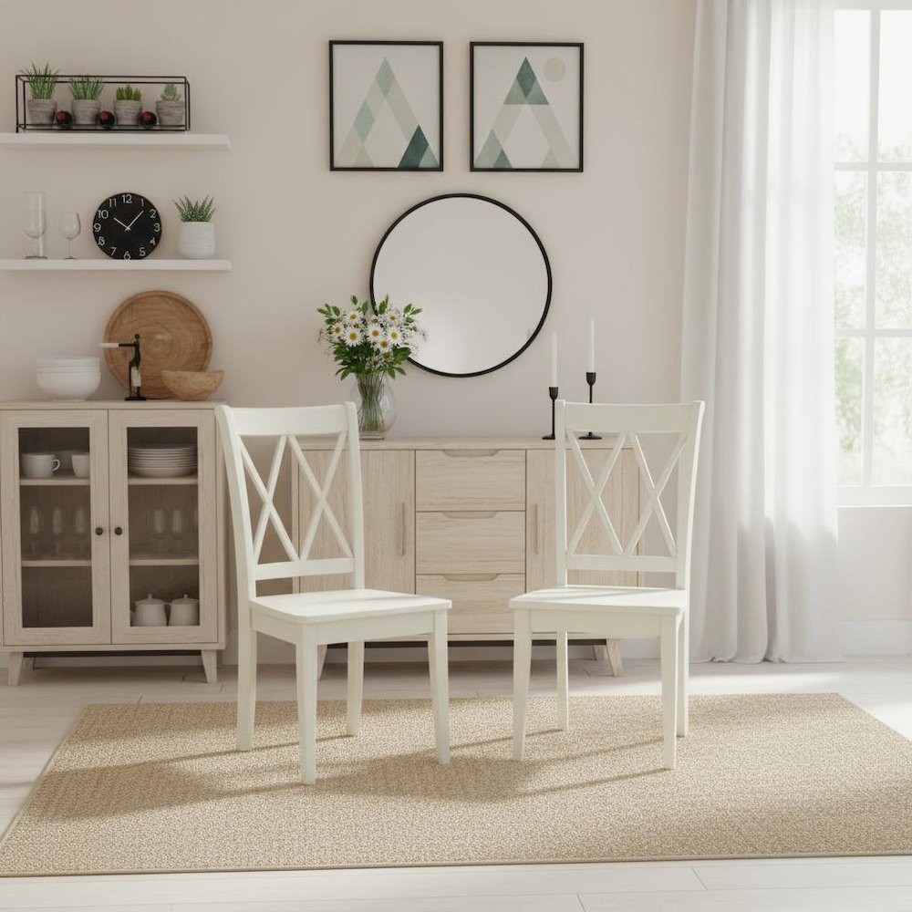 Linen White Dining Chair, Wooden Seat, Double X-Back, Set of 2, Solid Wood