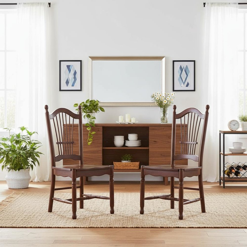 Mahogany Dining Chair, Wooden Seat, High Back, Set of 2, Asian Wood
