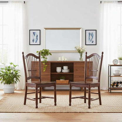 Mahogany Dining Chair, Wooden Seat, High Back, Set of 2, Asian Wood