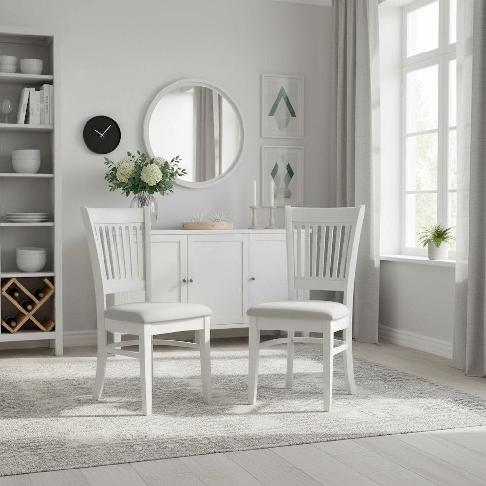 Linen White Dining Chair, Fabric Seat, Slatted Back, Set of 2, Rubberwood