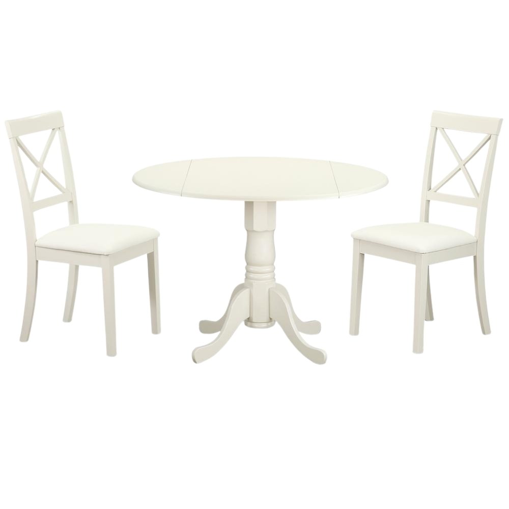 White Dining Set, Round Drop Leaf Table, X-Back Chairs, 2-Person, Faux Leather
