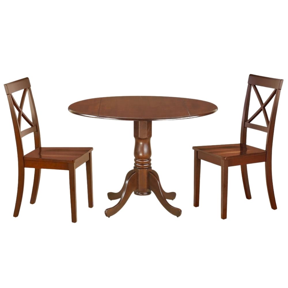 Mahogany Dining Set, Round Drop Leaf Table, X-Back Chairs, 2-Person, Rubberwood