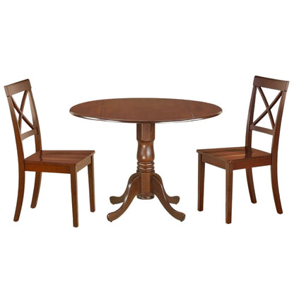 Mahogany Dining Set, Round Drop Leaf Table, X-Back Chairs, 2-Person, Rubberwood