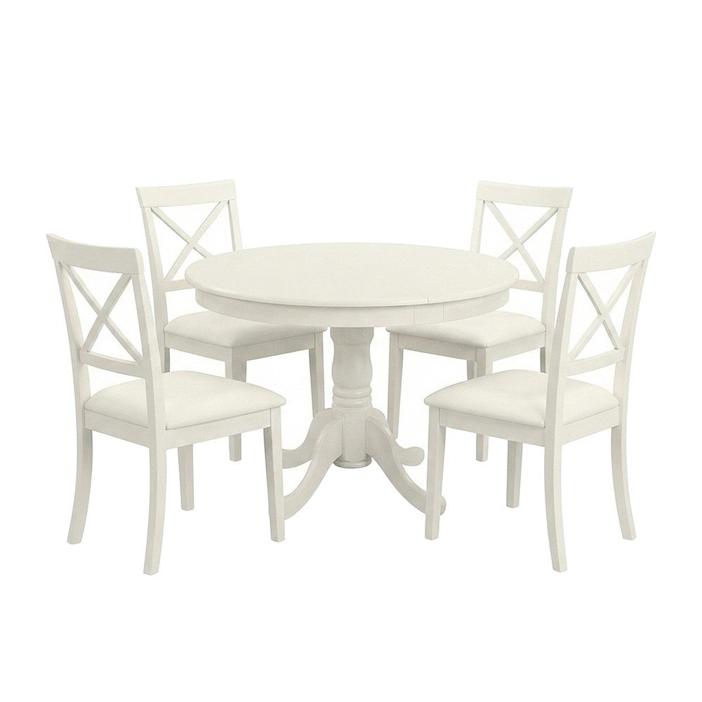 Wood Round Pedestal Extension Kitchen Dining Table Set with Chairs, Linen White