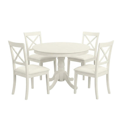 Wood Round Pedestal Extension Kitchen Dining Table Set with Chairs, Linen White