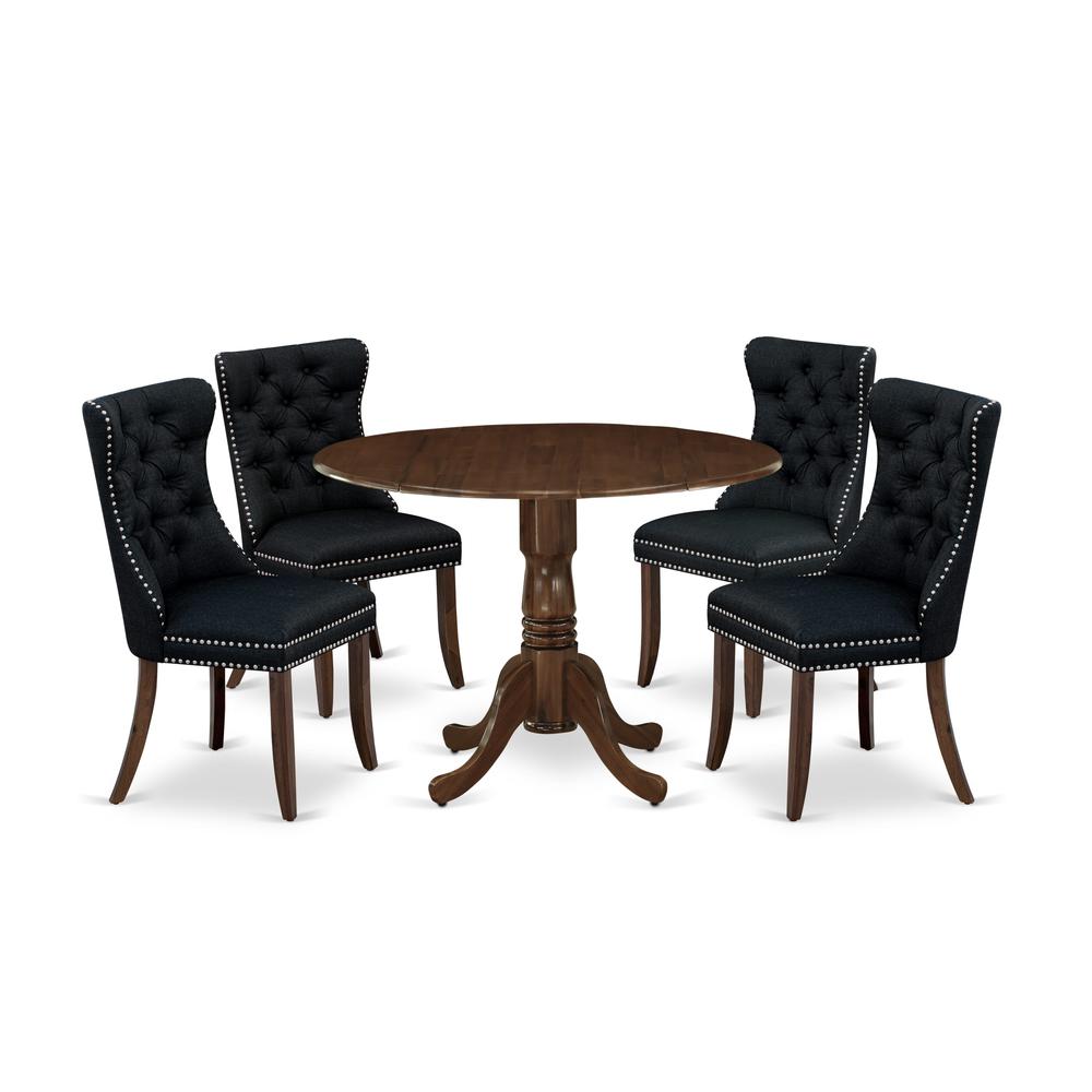 5 Piece Dining Table Set Contains a Round Solid Wood Table with Dropleaf