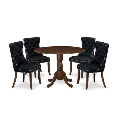 5 Piece Dining Table Set Contains a Round Solid Wood Table with Dropleaf
