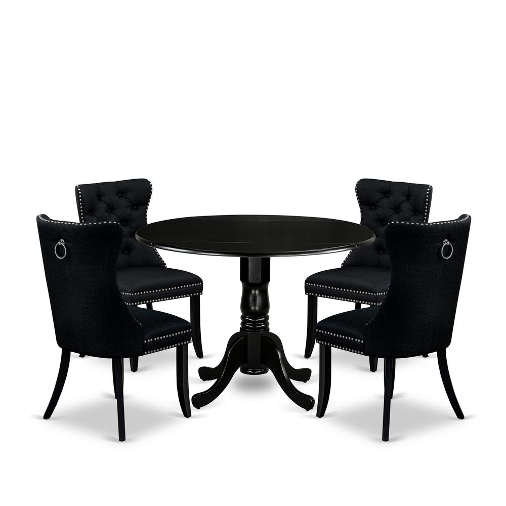5 Piece Dining Table Set Contains a Round Solid Wood Table with Dropleaf