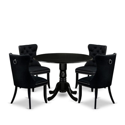 5 Piece Dining Table Set Contains a Round Solid Wood Table with Dropleaf
