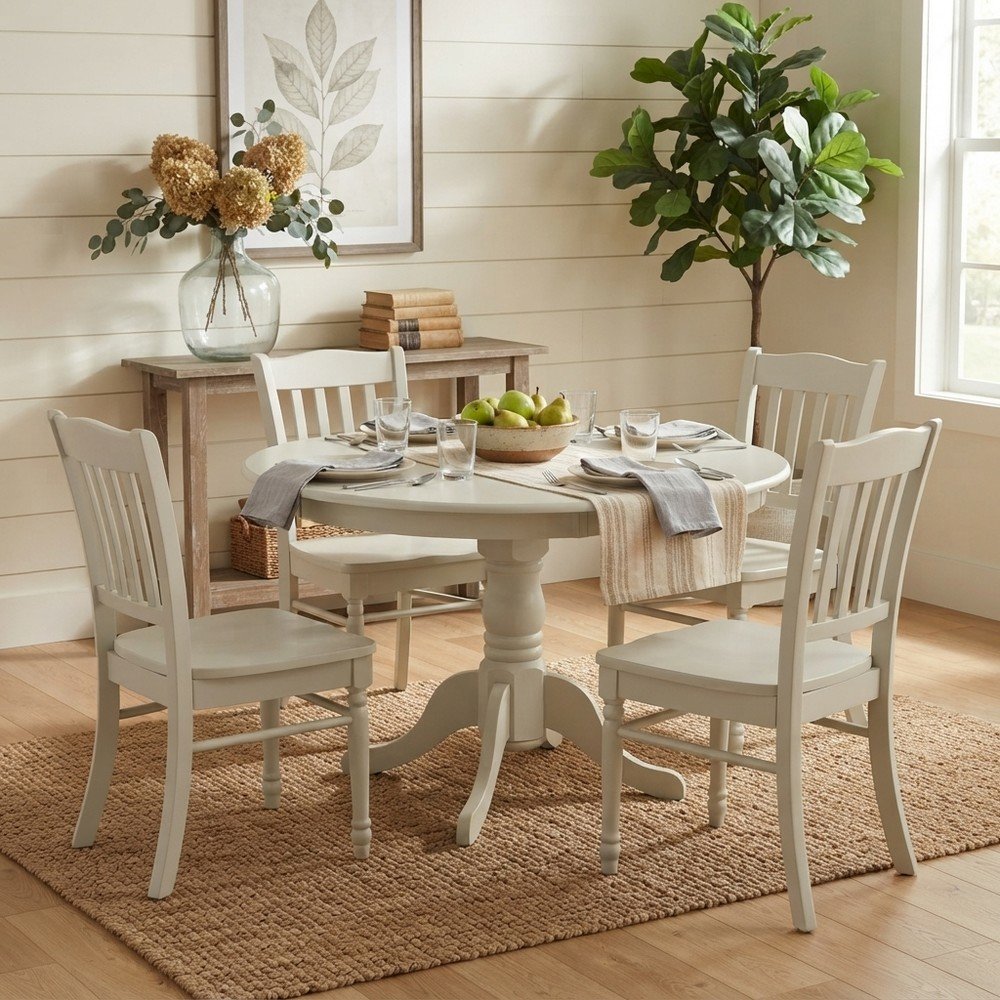 Solid Wood Round Drop-Leaf Kitchen Table 5 Piece Set, Linen White