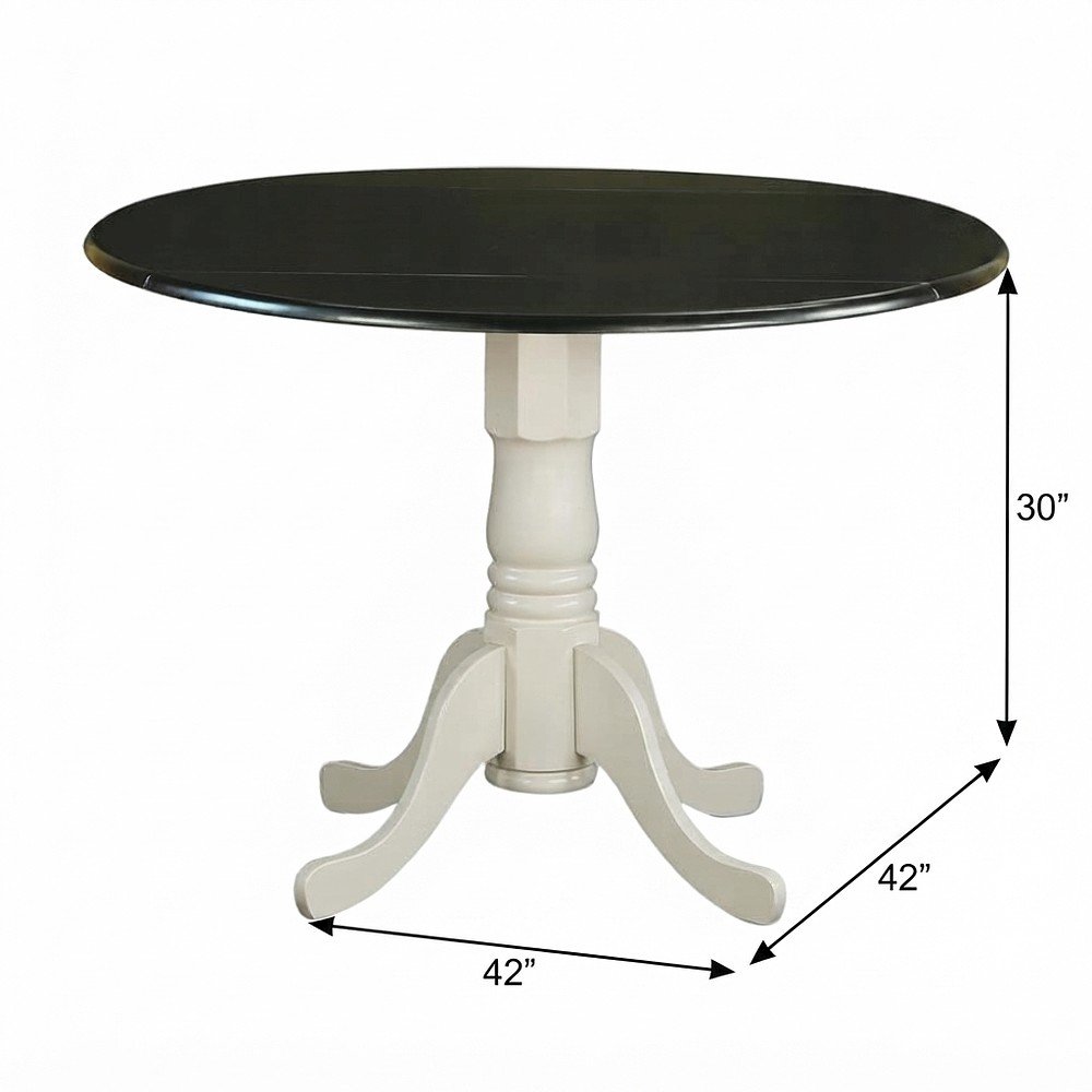 Wood Round Drop-Leaf Dining Table with Pedestal Base, Black & Linen White