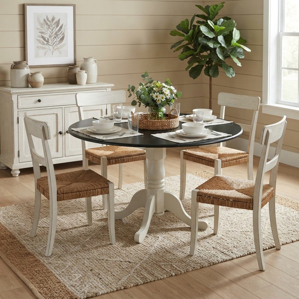 Wood Round Drop-Leaf Dining Table with Pedestal Base, Black & Linen White