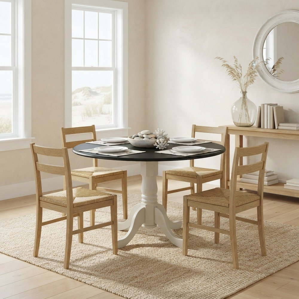 Wood Round Drop-Leaf Dining Table with Pedestal Base, Black & Linen White