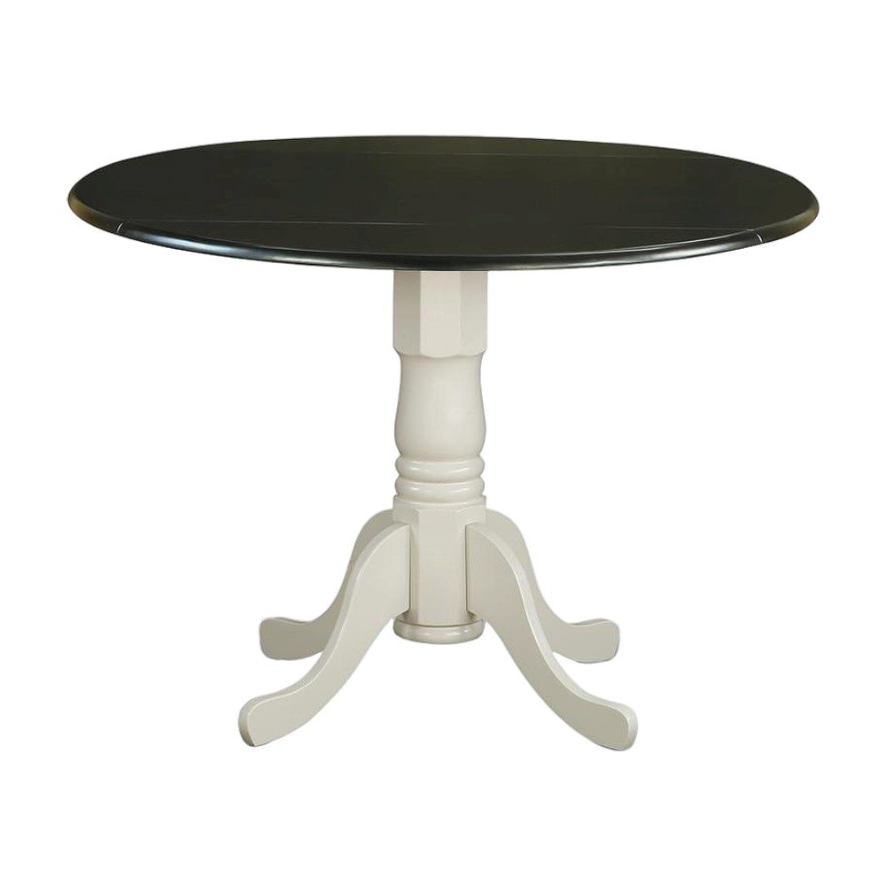 Wood Round Drop-Leaf Dining Table with Pedestal Base, Black & Linen White