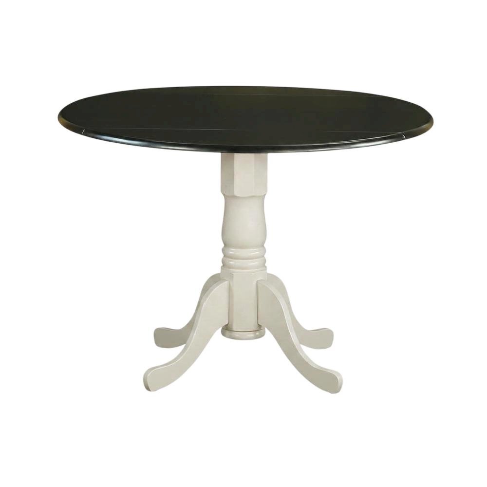 Wood Round Drop-Leaf Dining Table with Pedestal Base, Black & Linen White