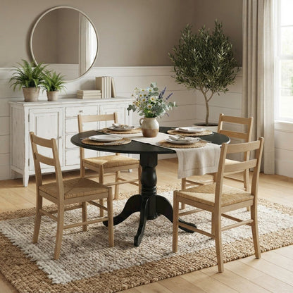 Wood Round Drop-Leaf Dining Table with Pedestal Base, Black & Mahogany