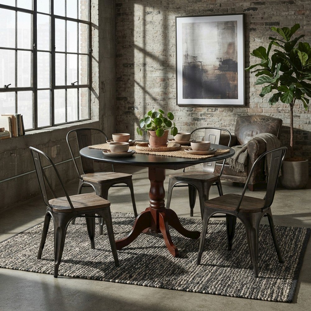 Wood Round Drop-Leaf Dining Table with Pedestal Base, Black & Mahogany