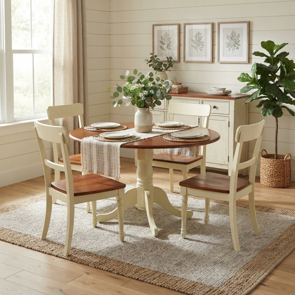 Wood Round Drop-Leaf Dining Table with Pedestal Base, Buttermilk &amp; Cherry