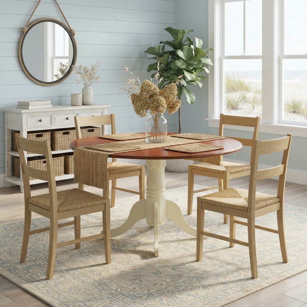 Wood Round Drop-Leaf Dining Table with Pedestal Base, Buttermilk &amp; Cherry