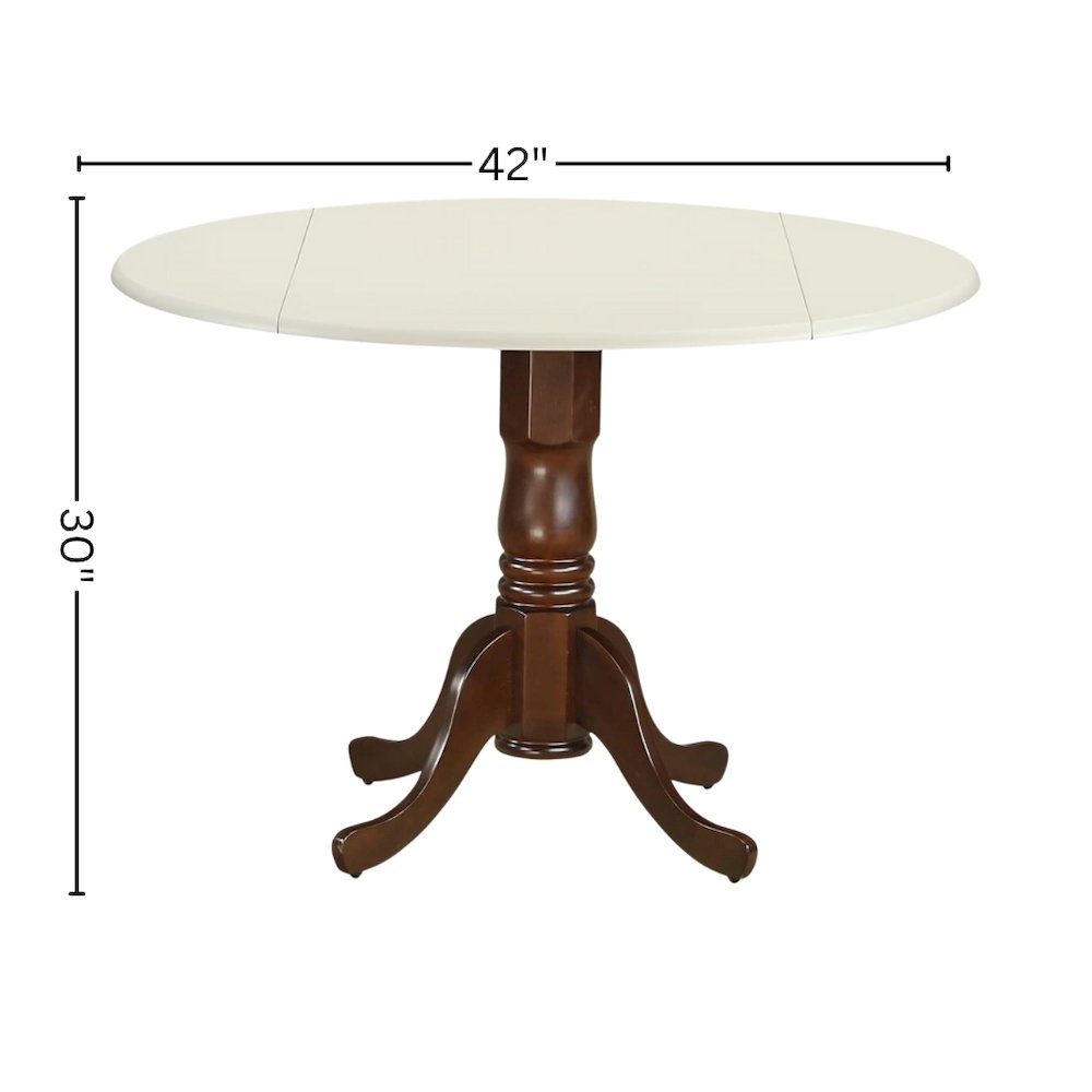 Round Dining Table, Drop Leaves, Linen White & Mahogany, Pedestal Base