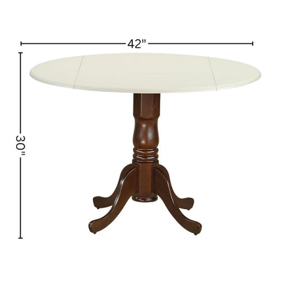 Round Dining Table, Drop Leaves, Linen White & Mahogany, Pedestal Base
