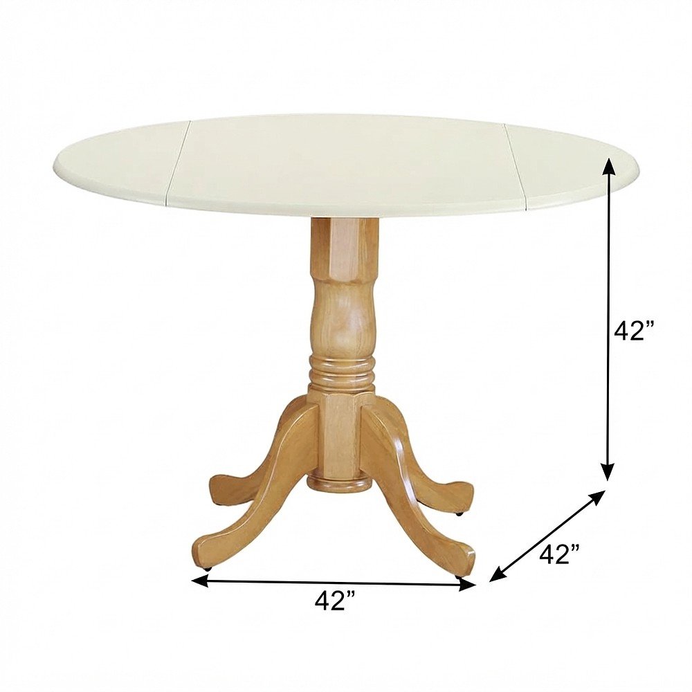 Wood Round Drop-Leaf Dining Table with Pedestal Base, Linen White & Oak
