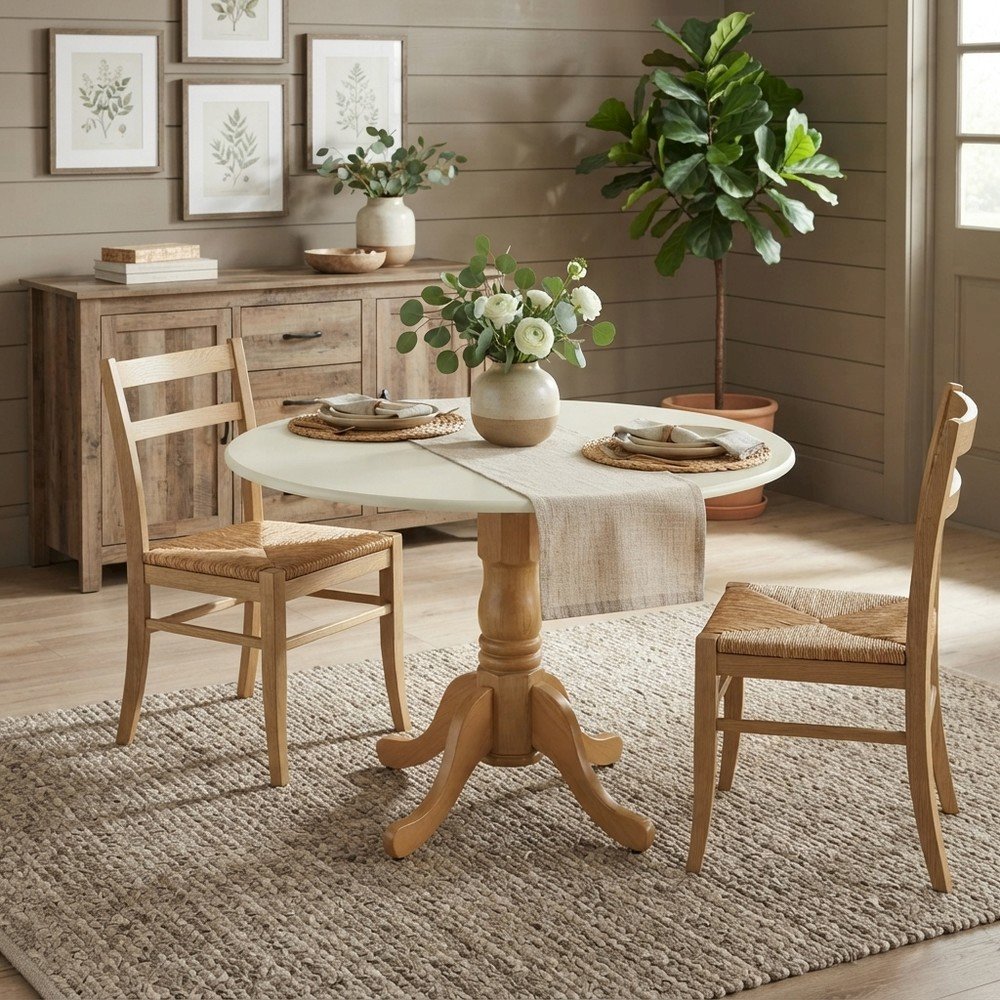Wood Round Drop-Leaf Dining Table with Pedestal Base, Linen White & Oak