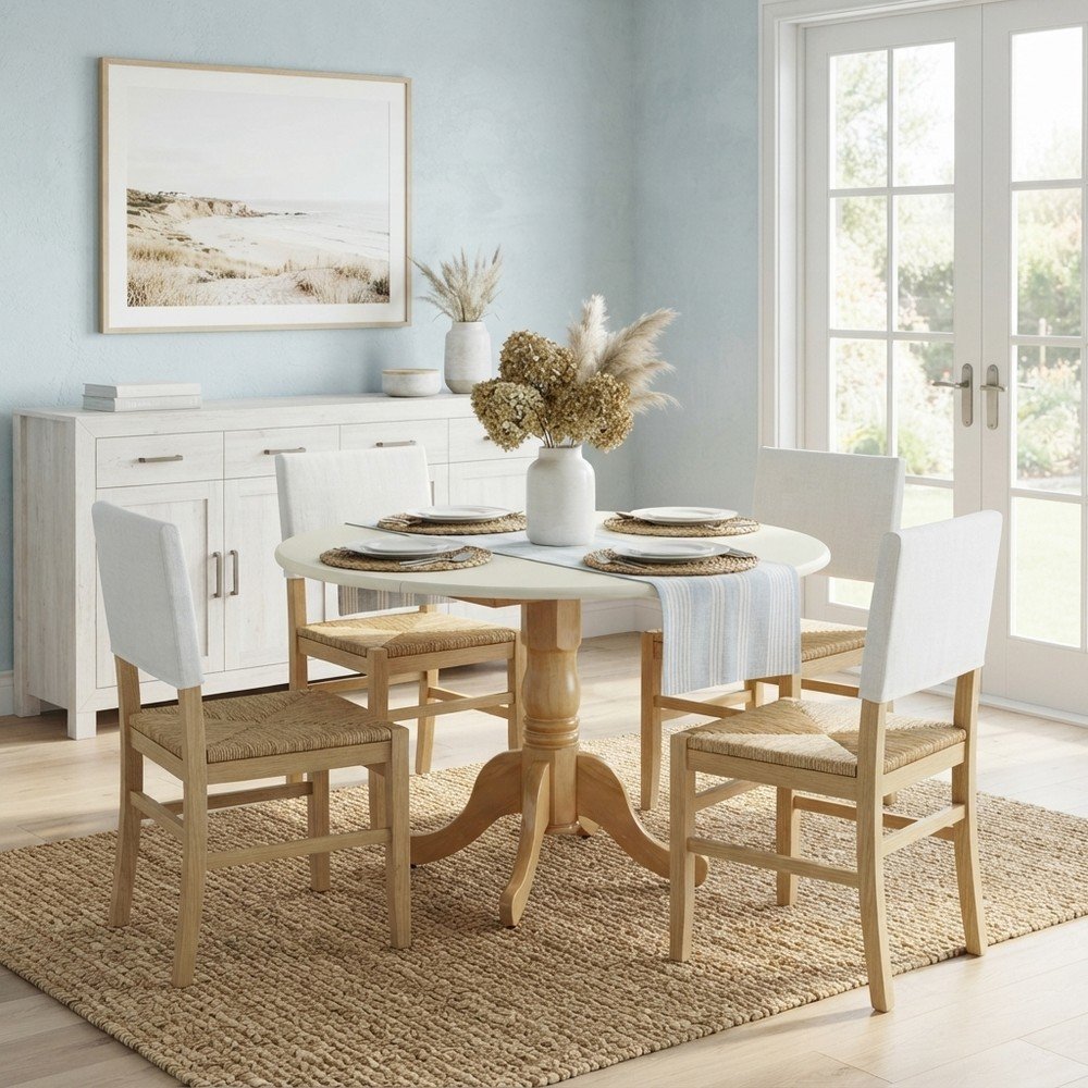 Wood Round Drop-Leaf Dining Table with Pedestal Base, Linen White & Oak