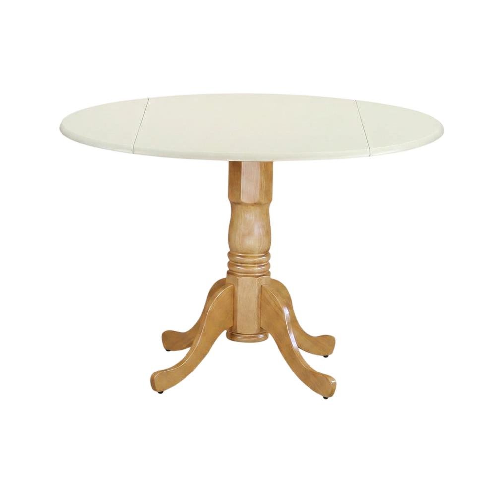 Wood Round Drop-Leaf Dining Table with Pedestal Base, Linen White & Oak