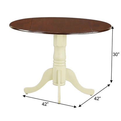 Wood Round Drop-Leaf Dining Table with Pedestal Base, Mahogany & Buttermilk
