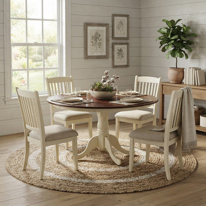 Wood Round Drop-Leaf Dining Table with Pedestal Base, Mahogany & Buttermilk