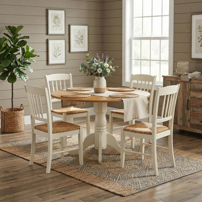 Wood Round Drop-Leaf Dining Table with Pedestal Base, Oak & Linen White