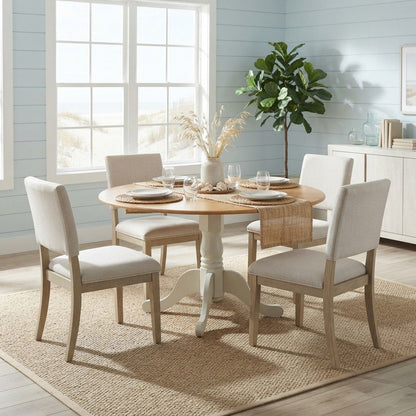 Wood Round Drop-Leaf Dining Table with Pedestal Base, Oak & Linen White