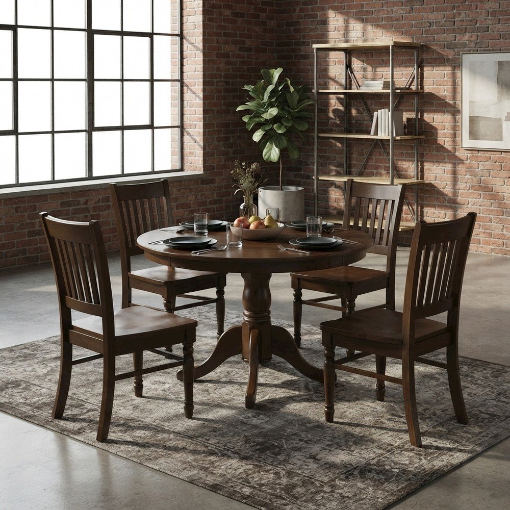 Solid Wood Round Dining Table with Drop-Leaf and Chairs 5 Piece Set, Espresso