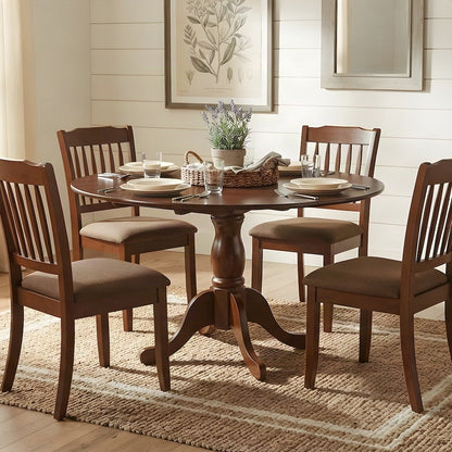 Linen-Upholstered Slatted-Back Wood Kitchen Table 5 Piece Set